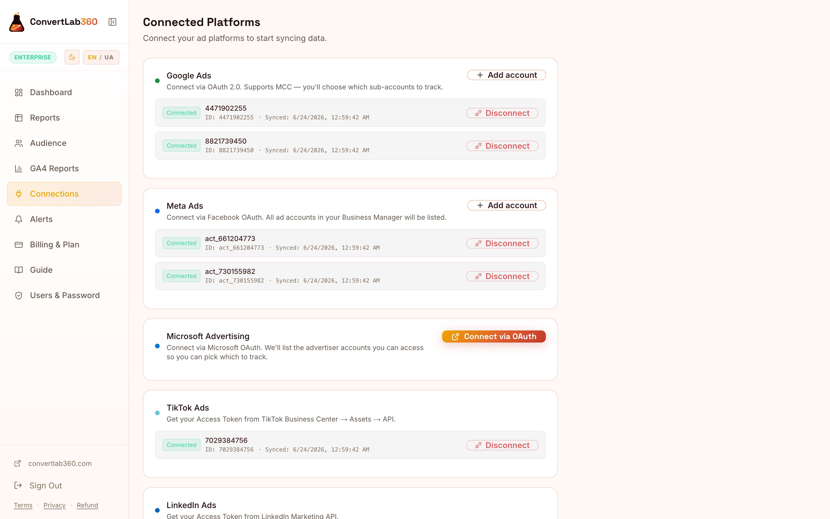 ConvertLab360 platform connections via OAuth